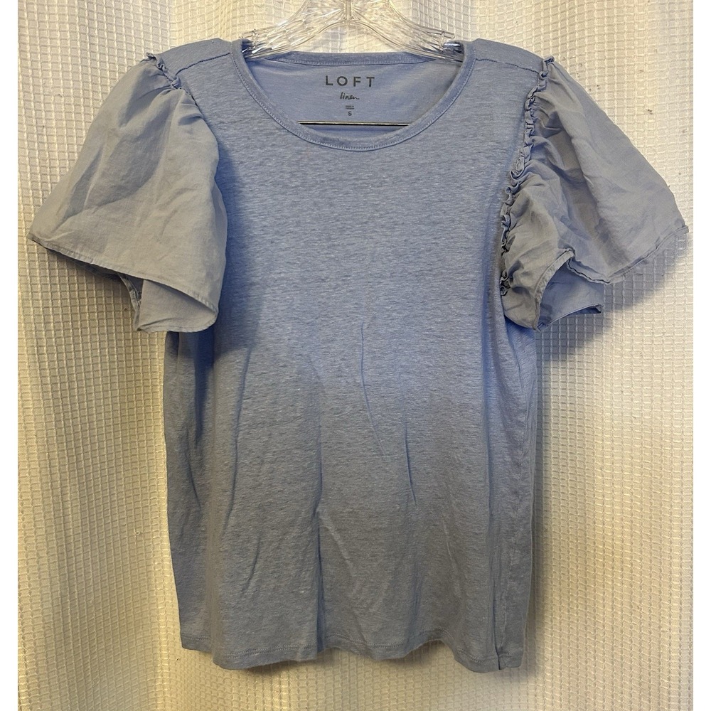 Loft Linen Top S Short Flutter Sleeves Feminine Boho Light Blue Cottagecore